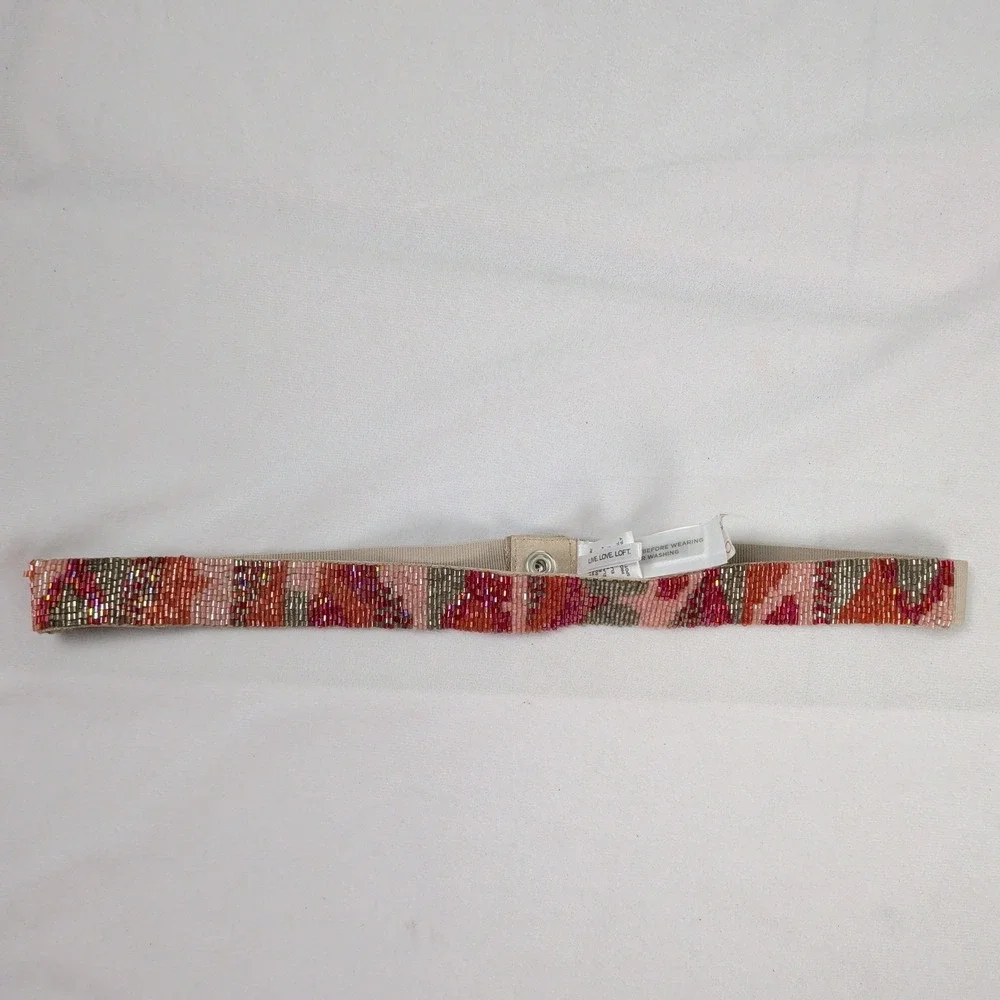 Beaded Elastic Waist Belt Pink Orange Geometric Snap Stretch M/L NWT